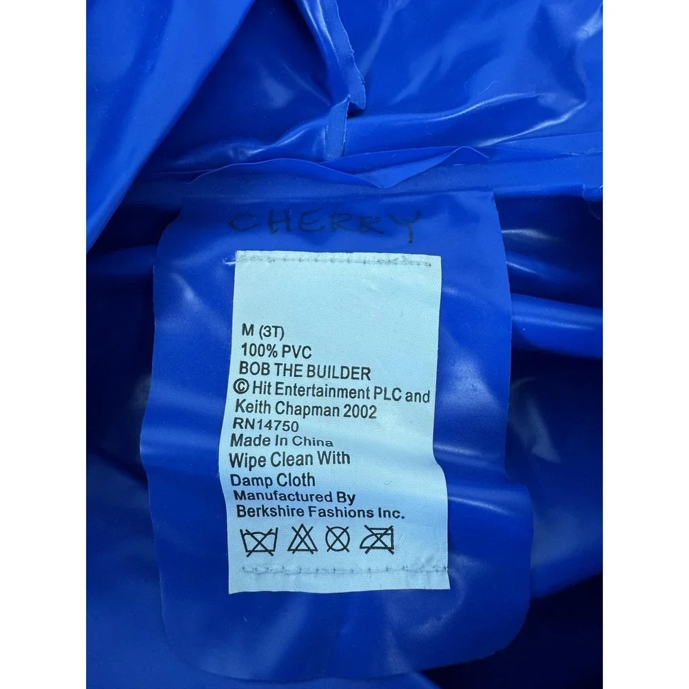 Vintage Bob The‎ Builder Rain Coat Kids 4 Blue Yellow Hooded PVC 2000s Cartoon